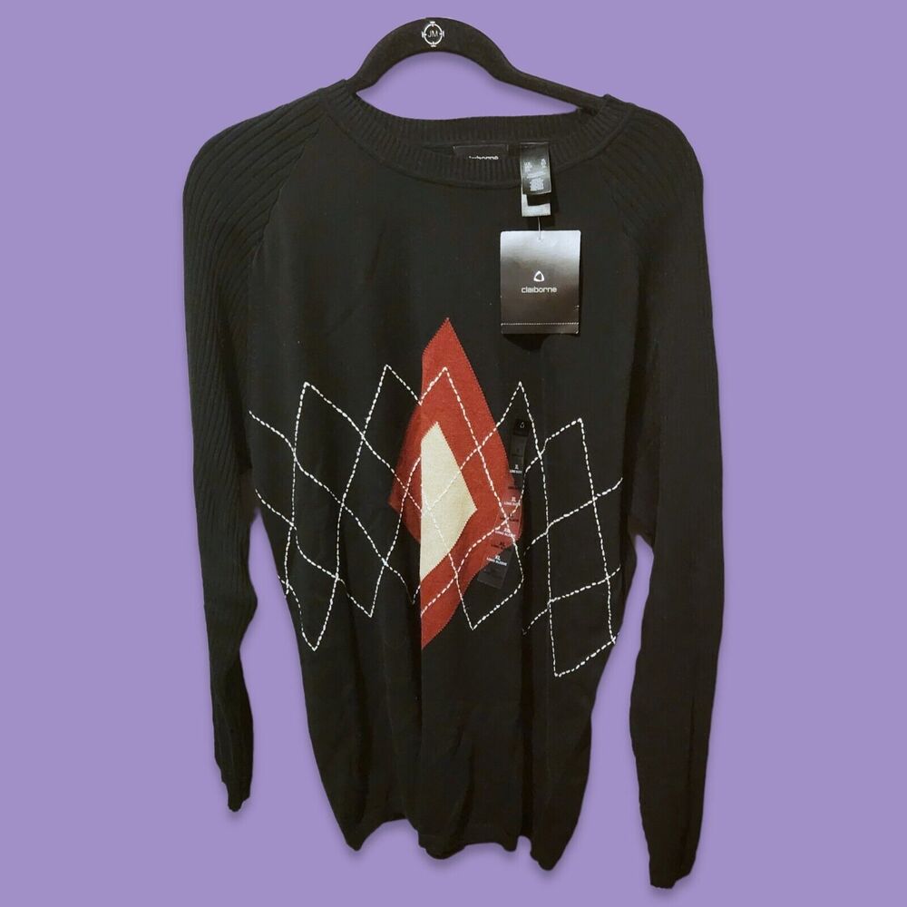 VTG Claiborne Black Red Argyle Diamond Cotton Golf Grandpa Sweater XL Long NWT - Picture 8 of 8